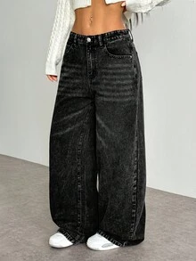 SHEIN ICON 女士口袋宽松阔腿休闲百搭牛仔裤 - 深灰色 - 查看 6