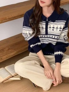 DAZY 女式休闲圣诞风格宽松长袖毛衣 - 淺藍色 - 查看 5