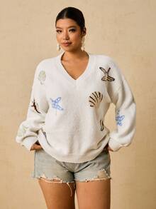 SHEIN VCAY Suéter de punto informal con temática oceánica, talla grande, otoño/invierno - Blanco - Ver 4