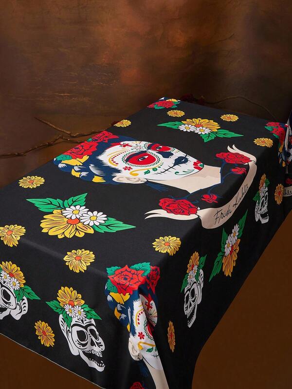 Frida Kahlo X SHEIN 1pc Marigold Flower Print Tablecloth, Non-Slip & Wear-Resistant, Fade-Resistant, Fits Various Table Sizes, Holiday Tablecloth,HalloweenDay Of Dead,Day Of The Dead,Dia De Los Muertos, Skeleton & Floral,Skeleton,Marigold,Sugar Skulls,Cempasúchil,Candle,Ofrenda,Mexican Marigolds,Papel Picado