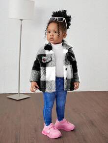 Babygirl Plush Checkered Lapel Jacket, Versatile For Outings, Autumn/Winter - Black - View 5