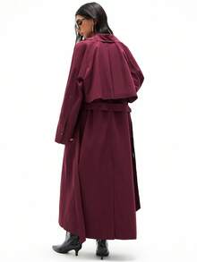 GENKIRA Áo gió dài cài nút phía trước màu đỏ, thiết kế ve áo dài, thắt lưng trang trí nơ, có thể điều chỉnh, nguyên chiếc sắc nét và thời trang, dễ phối đồ - Đỏ - Xem 2