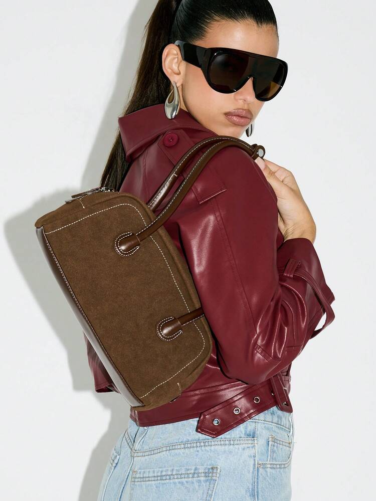 KIZN Half Moon Bowling Bag With Double Handle Suede Material