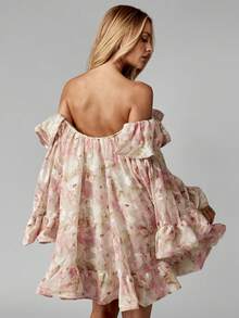 MISSGUIDED Đầm ngắn Bardot bằng chiffon họa tiết hoa, trễ vai, tay dài loe, xếp nếp, thích hợp cho đám cưới, lễ tốt nghiệp, mùa xuân hè, tiệc vườn, các dịp đặc biệt. - Hồng - Xem 2