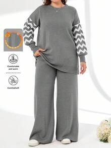 SHEIN Cottnline Plus Size Striped Color Block Sweater And Pants Two-Piece Set, For Winter - Grey - View 1