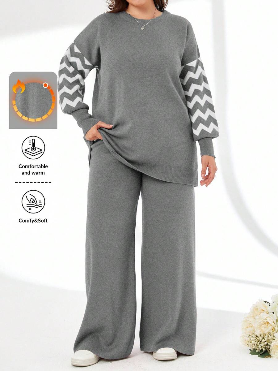 SHEIN Cottnline Plus Size Striped Color Block Sweater And Pants Two-Piece Set, For Winter - Grey - View 1