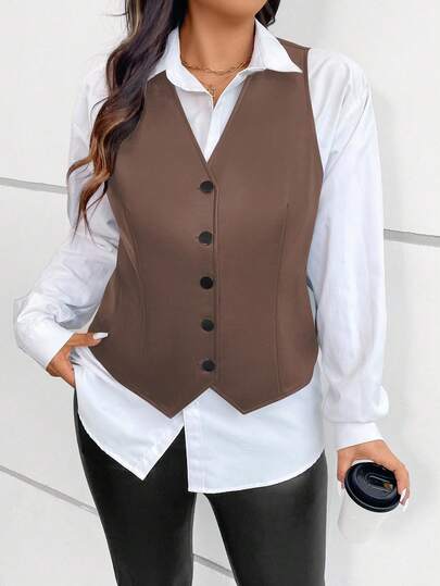 Plus Size Women Casual Solid Color Front Zip Sleeveless Minimalist Faux Leather Vest Jacket