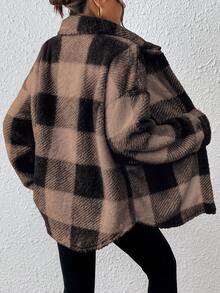 INAWLY 女士格子衬衫领口袋纽扣休闲夹克，时尚学院风 - 咖啡棕 - 查看 2