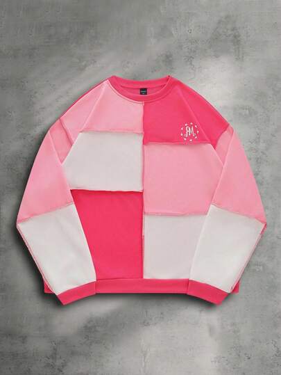 Street Life Felpa da uomo con patchwork, contrasto di colori e orlo sfilacciato, adatta per l'autunno