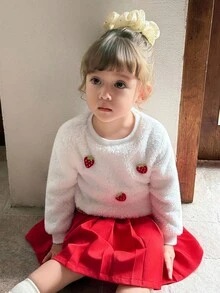 SHEIN Baby Girls' Fluffy Top + Pleated Skirt Set, Strawberry Pattern, Fresh And Sweet Style Fall Winter - Red - View 6