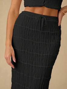 Enchnt 女士度假休闲纯色纹理半身裙 - 黑色 - 查看 2