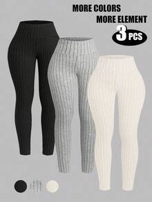 INAWLY 3件套加大码纯色罗纹羊毛紧身裤 - 彩色 - 查看 3