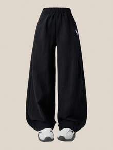 Girls' Casual Versatile Black Pants, With White Horse Embroidery On Top Left, Elastic Waistband, Suitable For Autumn/Winter Outings, Walking, Shopping, Commuting, Can Be Paired With Long Sleeve Tops And Pants - Black - View 4