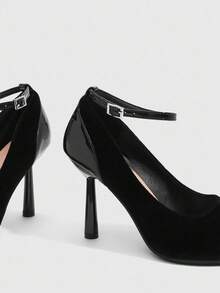 CUCCOO SZL 女士时尚酒红色油性皮革环绕踝带尖头细高跟鞋，适合通勤、约会、派对、婚礼、度假 - 黑色 - 查看 10