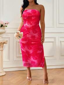 SHEIN Clasi Plus Size Summer Elegant Floral Printed Side Slit Strapless Dress Maxi Women Outfit - Hot Pink - View 1