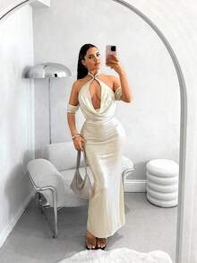 SHEIN Unity Women's Solid Color Cold Shoulder Plunging Neck Sexy Fitted Dress - Apricot - View 5