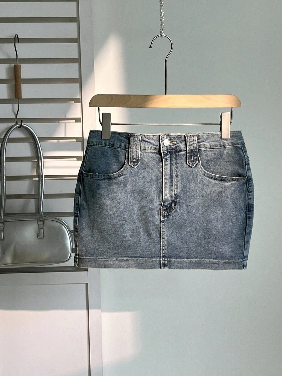 Elamini Summer Sexy Slim Washed Denim Mini Skirt - Light Wash - View 1