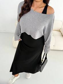 SHEIN Essnce Bộ đồ hai mảnh dành cho nữ cỡ lớn, phong cách thường ngày, rộng rãi, thoải mái, gồm áo croptop dài tay màu xám và áo vest dài màu đen, thích hợp mặc đi sân bay mùa xuân. - Màu Xám nhạt - Xem 3