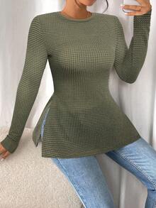 SHEIN Frenchy 女式纯色圆领长袖侧开衩休闲T恤 - 軍綠色 - 查看 5