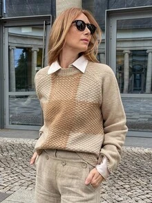 Vivie Lora Women's Plaid Contrast Color Round Neck Loose Fit Long Sleeve Sweater - Khaki - View 2