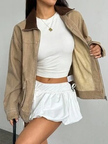 Jeanoix 女式休闲牛仔夹克，撞色领子和落肩，长袖，秋季 - 卡其色 - 查看 4