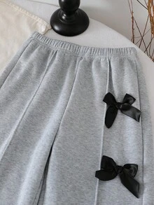 Genkimix Kids 2 件套年轻女孩时尚灰色圆领长袖上衣和阔腿裤，带蝴蝶结装饰，秋冬