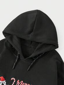 RueChic Cotton Men 1pc Christmas Print Drawstring Hoodie - Black - View 3