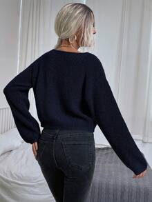 EMERY ROSE Suéter holgado de punto acanalado de hombros caídos de unicolor casual para mujer, suéter gris - Azul Marino - Ver 2