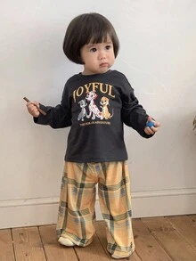 DAZY Conjunto de 2 piezas de pijama para niñas bebé con camiseta de manga corta con estampado de dibujos animados + pantalones holgados casuales a cuadros