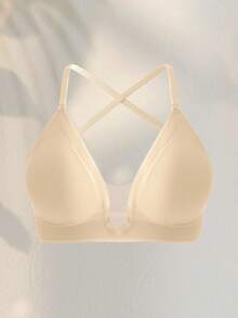 SHEIN 1 件装休闲简约纯色深 V 领细肩带露背女士文胸 - 米色 - 查看 5