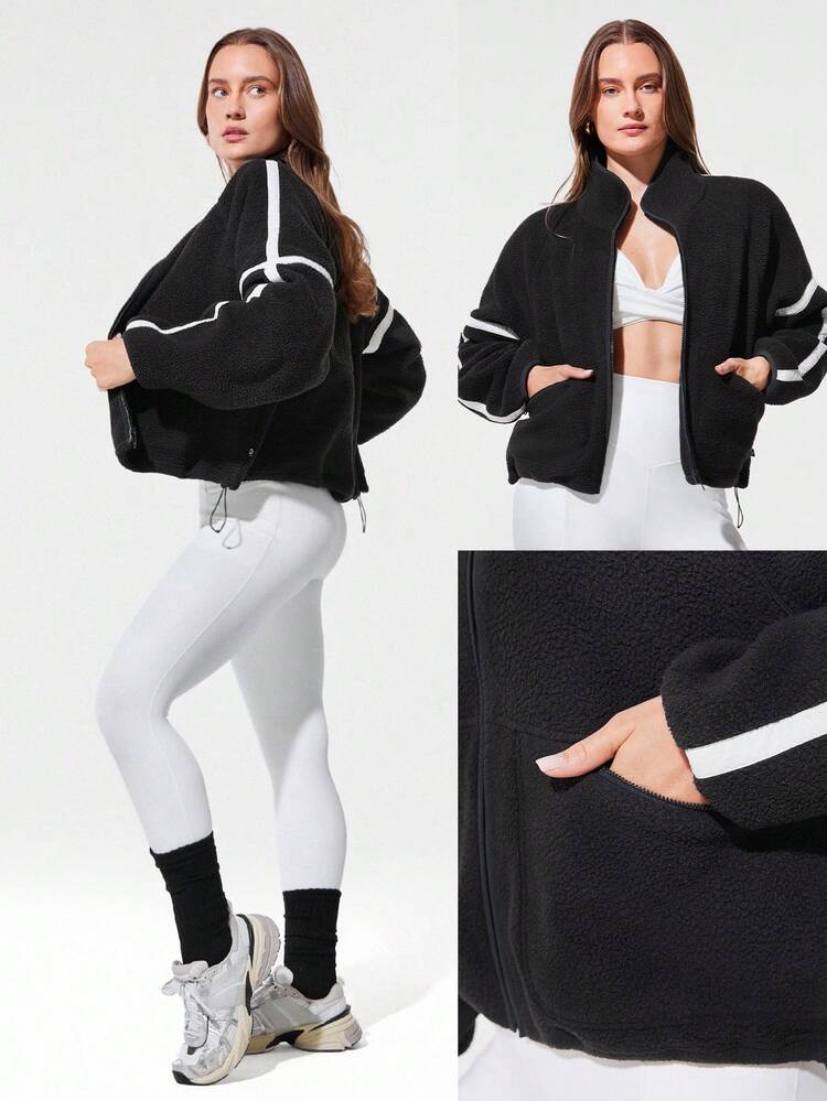 Chaqueta de forro polar tipo nube, cálida, ligera, con cuello alto, puños elásticos, bolsillos con cremallera, cordón ajustable en la cintura, ajuste relajado y longitud hasta las caderas, para otoño, invierno, uso diario y casual al aire libre