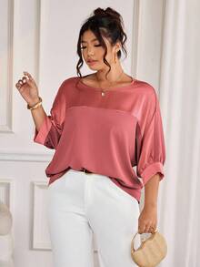 Cravure 大码圆领 3/4 袖金属面料拼色插肩袖休闲衬衫，适合外出、度假、通勤、派对 - 珊瑚橙 - 查看 5