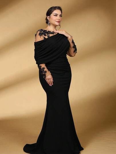 Serin Plus Size Autumn And Winter Elegant Romantic Gorgeous Black Stretch Knitted Mesh Splicing Asymmetrical Asymmetrical Shoulder Collar Pleated Applique Mermaid Hem Dress Suitable For Dinner Bachelorette Party Date Dance Holiday Wedding Event Evening Dress Bride Mother Dress, Valentine's Day