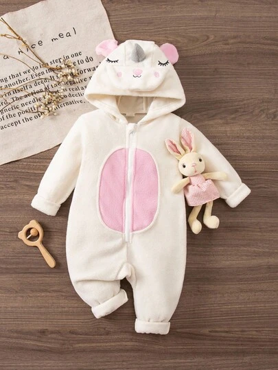 新生儿毛绒连帽长袖和裤子套装，刺绣独角兽脸拉链拼色家居服，秋冬