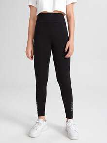 SHEIN Leggings básicos de cintura ajustada de punto para adolescentes - Negro - Ver 6