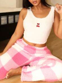 SHEIN 2pcs Women's Pink And White Striped Casual Plush Coral Fleece Checkered Cherry Bow Sleeveless Top And Pants Autumn Cute Modest Lounge Homewear Set - Multicolor - View 6