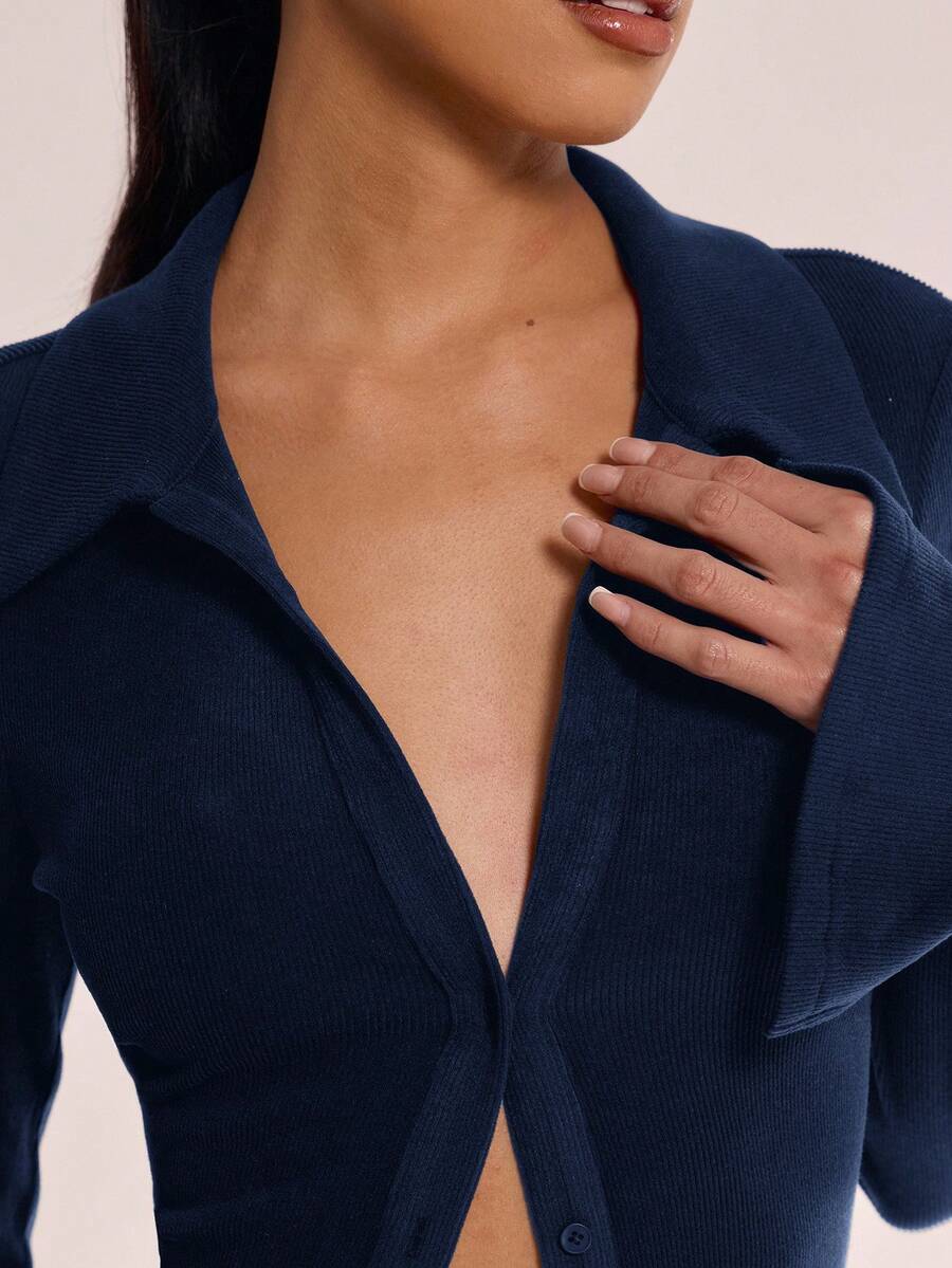 MUSERA 鉤扣領襯衫 度假休閒可愛 日常優雅 春夏假期 辦公工作 奢華 - 藏蓝色 - 查看 1