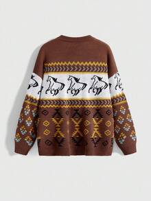 ROMWE Hippie 女式西部牛仔费尔岛风格骆驼几何动物马匹图案套头衫 - 彩色 - 查看 2