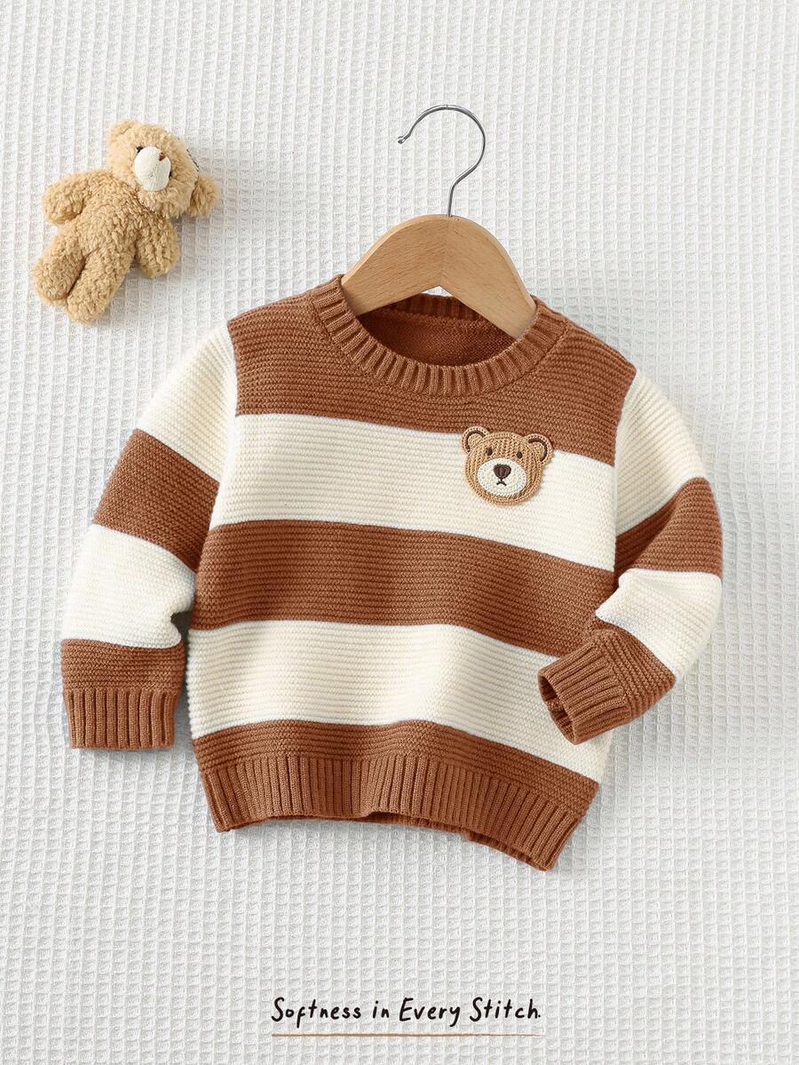 Cozy Pixies Baby Boy Cartoon Bear Striped Pattern Crew Neck Long Sleeve Sweater Fall Winter - Brown - View 1