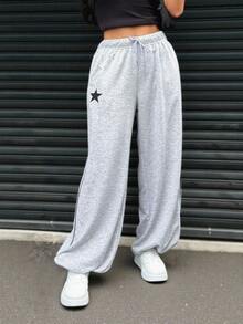 INAWLY Quần nỉ ống rộng in họa tiết ngôi sao năm cánh thoải mái cho nữ, có dây rút ở eo, túi - Xám - Xem 6