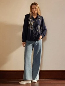 Écloséra Quần jean nữ Nút Nghề thêu Túi Dây kéo Hoa - Rửa nhẹ - Xem 3