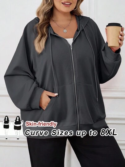 SHEIN CURVE+ 大码女式纯色插肩袖拉链前袋抽绳卫衣，秋冬季休闲款