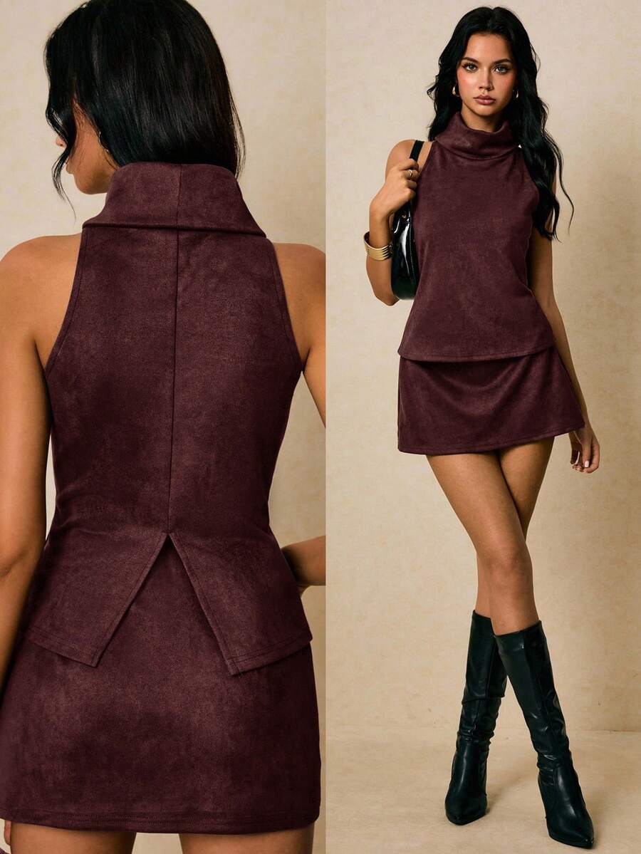 Poéselle Women's Summer Fashion Commuter Solid Color Mandarin Collar Camisole,Brown Top - Coffee Brown - View 1
