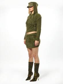 SUMWON WOMEN Minifalda de punto suave, moda de invierno, prenda con pelo cálida para fiestas, eventos y salidas nocturnas - Verde militar - Ver 5