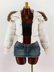 Y2K Amplova 大码冬季外套，纯白色毛绒条纹，带真口袋，百搭返校冬季外套 - 米色 - 查看 6