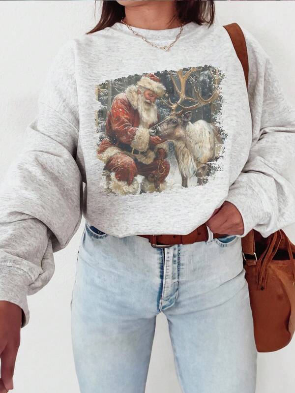 SHEIN Vintage Christmas Sweatshirt, Vintage Santa Claus Crew Neck Christmas Sweatshirt, Reindeer Sweatshirt, Holiday Outfit Plus Size Sweatshirt