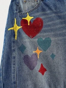 SHEIN MOD Plus Size Women Blue Fashion Belt Loop Heart Pattern Versatile Jeans Fashionable Plus Size Wide-Leg Jeans Featuring Playful Heart And Star Embellishments Comfortable Everyday Denim Winter Clothes Christmas Women's Clothing Christmas Outfit For Women  Christmas Jeans New Year Clothes Thanksgiving Outfit For Women  Casual Jeans For Women