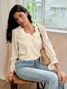 SHEIN Frenchy Women's Solid Color Ruffle Trim Long Sleeve Fashion Blouse, Winter Casual - Apricot - View 5