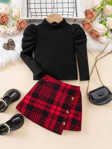 SHEIN 2 件 Babygirl 休闲针织长袖 T 恤和格子松紧腰裙套装 - 彩色 - 查看 3