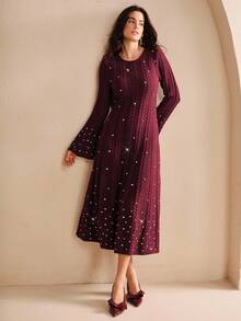 Anewsta Robe moulante élégante en maille perlée avec manches évasées, tenue de Noël élégante et élégante pour femme, robe de soirée - Rouge - Voir 5